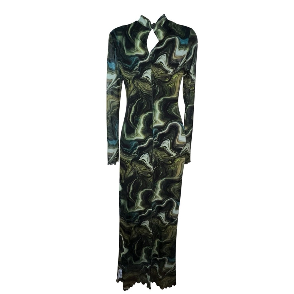 Daska Nasira Maxi‎ Dress Green Abstract Line Long Sleeve Bodycon XS Keyhole Neck - Picture 5 of 13